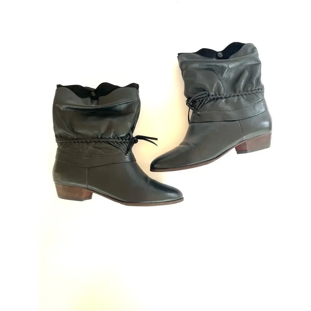 Women's Black Leather Slouch Ankle Booties with Braided Tie